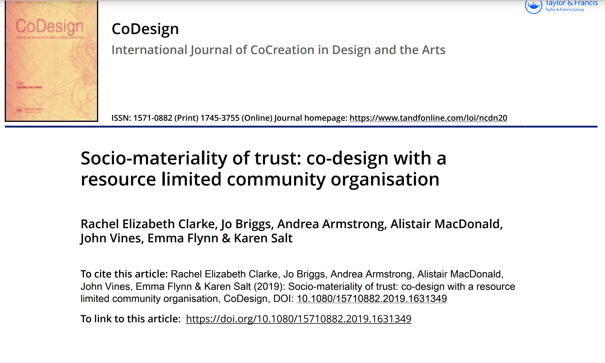 Cover art for: Socio-materiality of trust: co-design with a resource limited community organisation