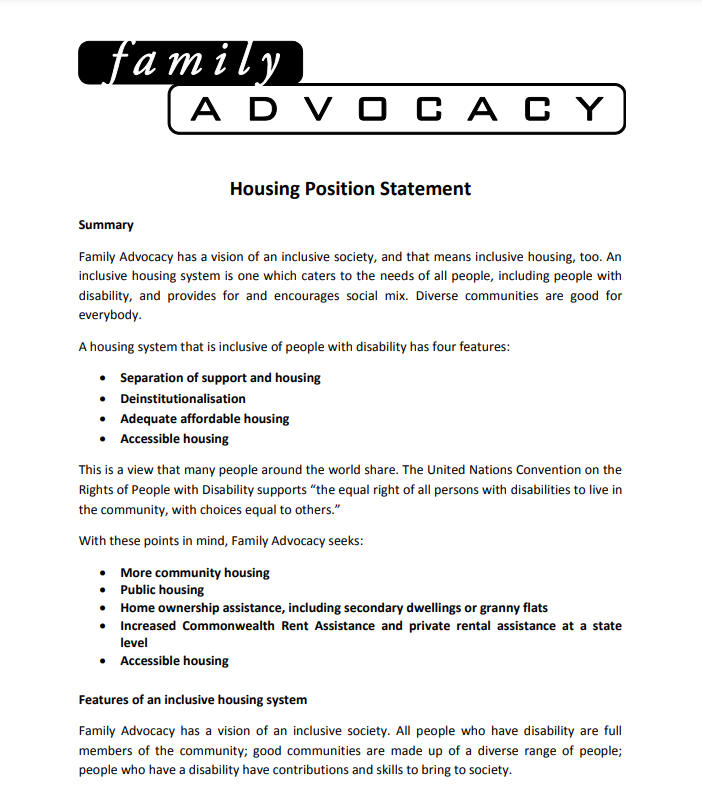 Cover art for: Housing Position Statement-Family Advocacy