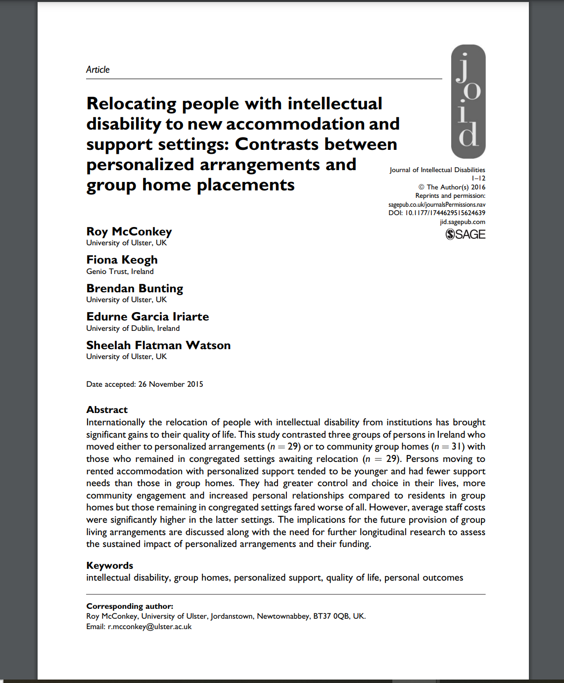 Cover art for: Relocating people with intellectual disability to new accommodation and support settings: Contrasts between personalized arrangements and group home placements