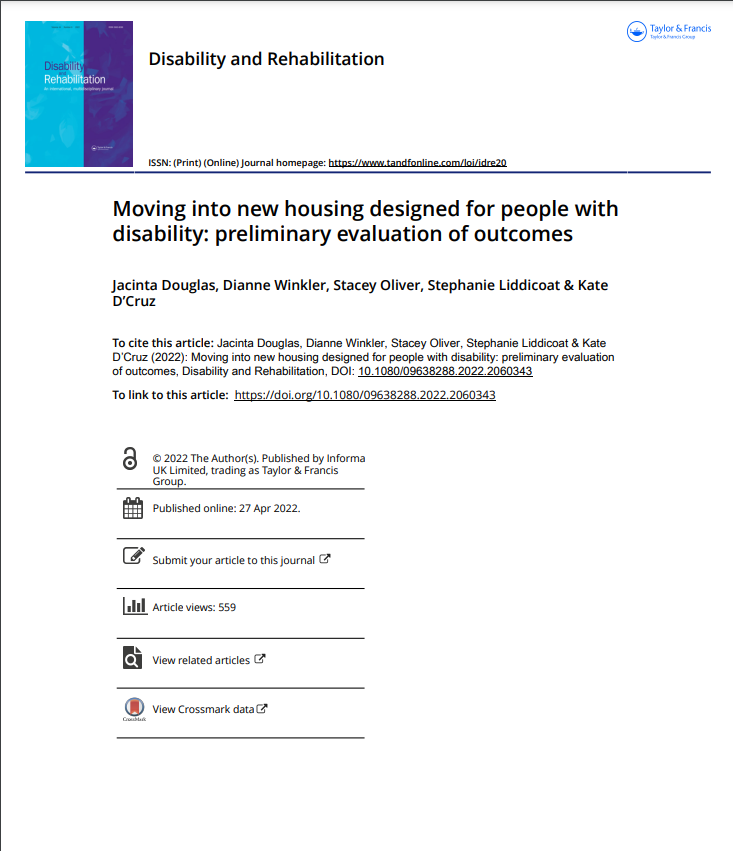 Cover art for: Moving into new housing designed for people with disability: preliminary evaluation of outcomes